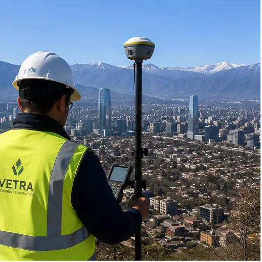 Receptor GNSS midiendo un predio con la ciudad de fondo