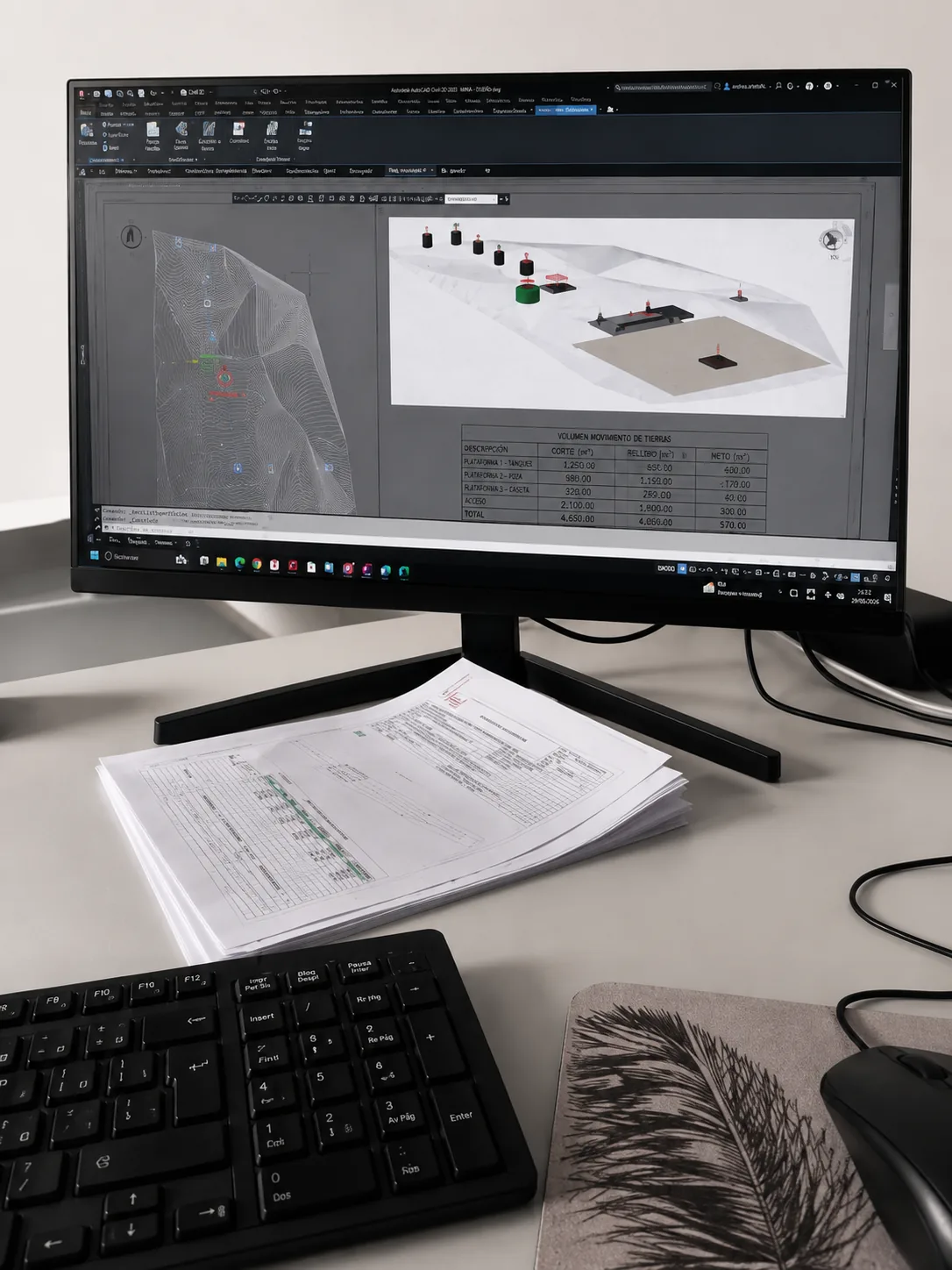 Proceso de gabinete: modelo digital de terreno y cubicaciones en pantalla