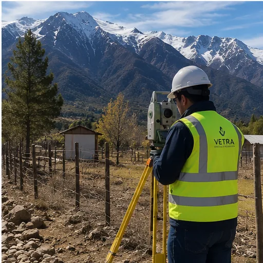 Topógrafo midiendo con estación total frente a la cordillera